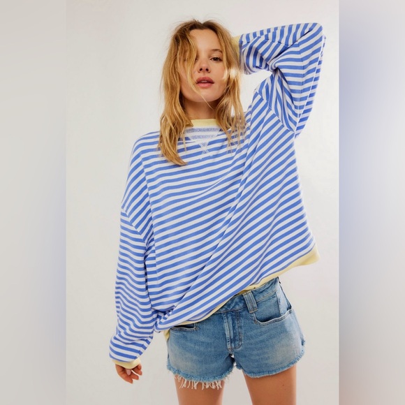 ▪️NWT Free People Classic Striped Pullover Sweatshirt in Blue Combo - Picture 1 of 12